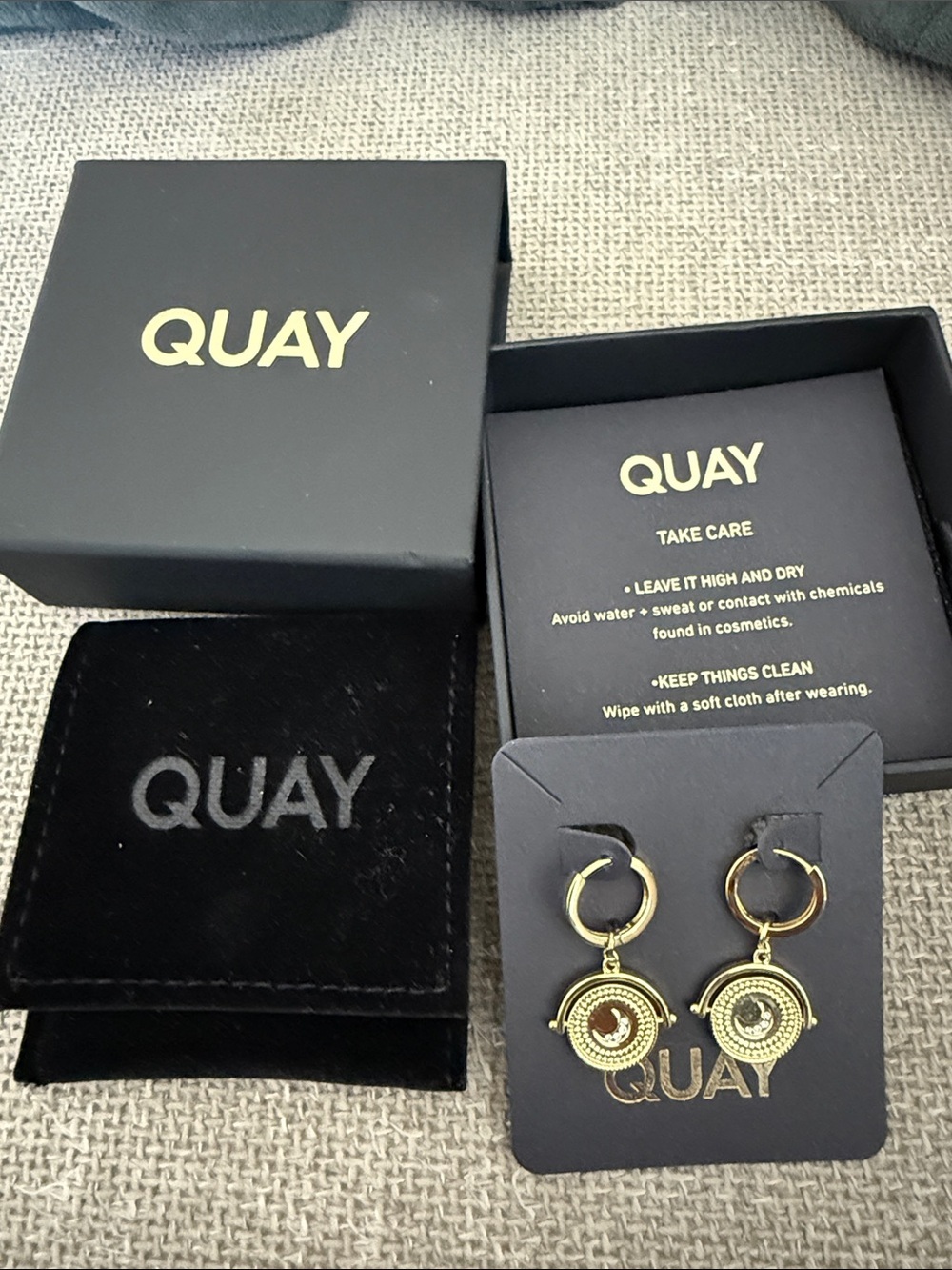 NIB QUAY Gold Hoop Drop Earrings with rotating Medallion Charms